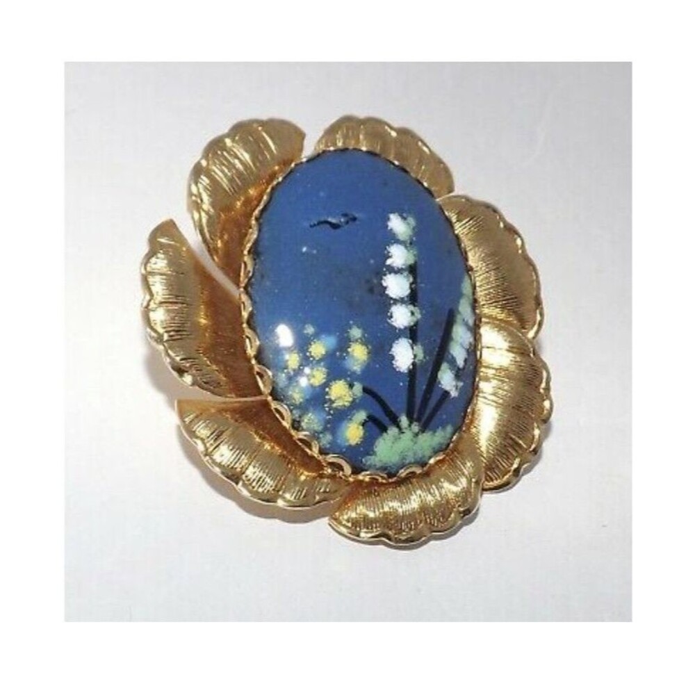 Vintage Enamel on Copper Picture Flower Scenery Gold plated Brooch Pin Pendant